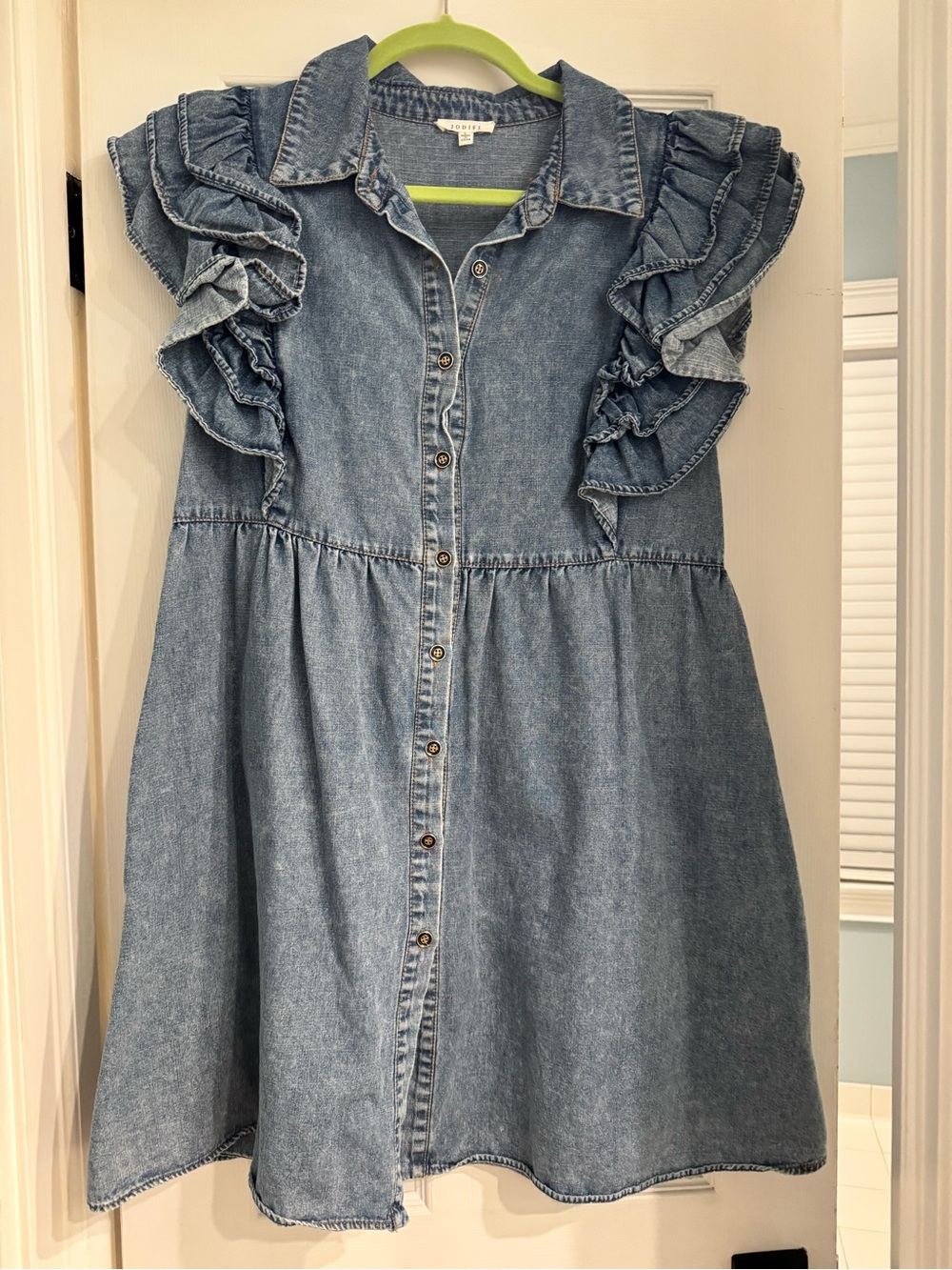 JODIFL Light Wash Denim Mini Dress with Ruffle Sleeves